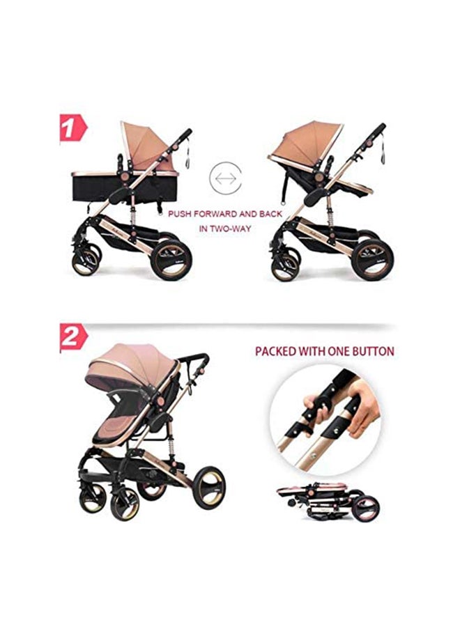 3 In 1 Multi-Position Foldable Classic Pram Baby Single Stroller, Smooth-Rolling, Newborn - Khaki