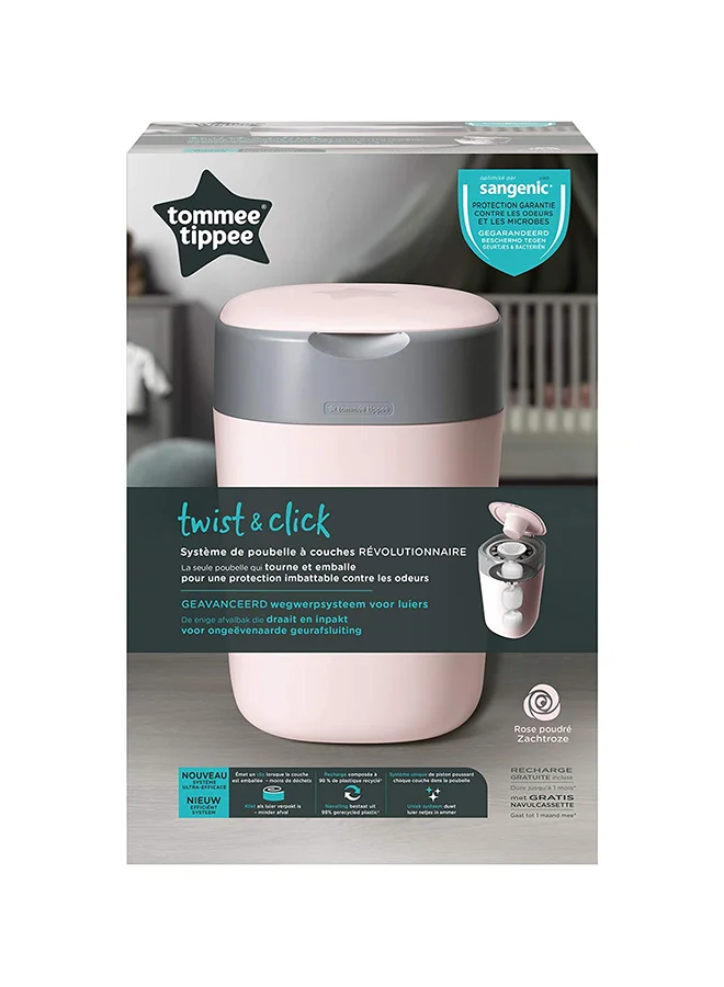 tommee tippee Twist and Click Advanced Nappy Bin, Eco-Friendlier System, Includes 1x Refill Cassette with Sustainably Sourced Antibacterial GREENFILM, Blue