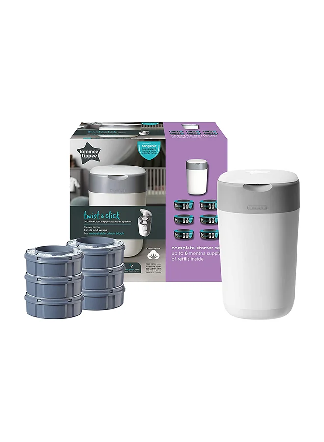 تومي تيبي Twist and Click Advanced Nappy Bin Starter Set, Eco-Friendlier System with 6x Refill Cassettes with Sustainably Sourced Antibacterial GREENFILM, White