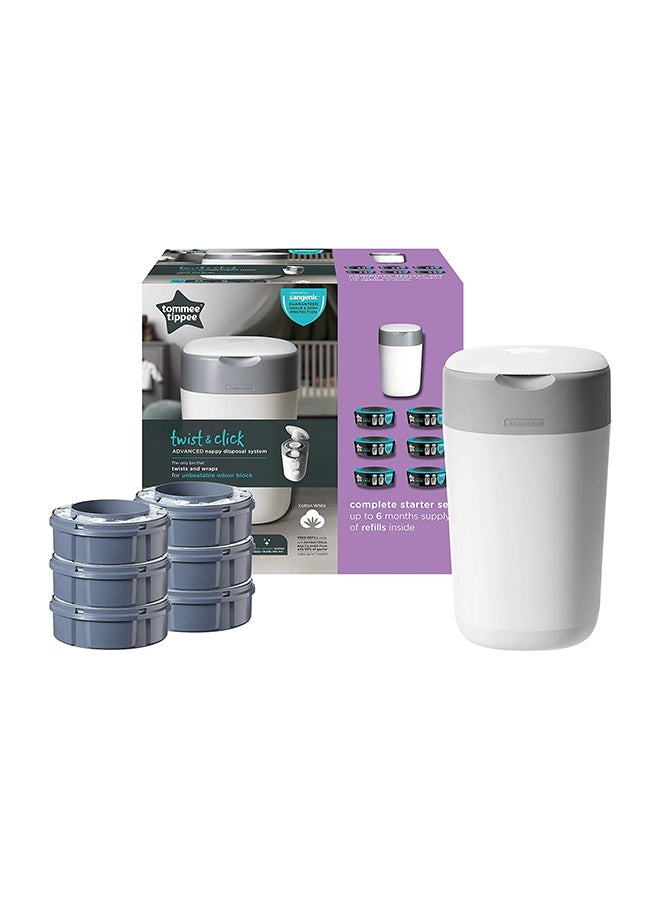 tommee tippee - Twist And Click Advanced Nappy Bin Starter Set, Eco-Friendlier System With 6x Refill Cassettes With Sustainably Sourced Antibacterial Greenfilm, White - Image 1