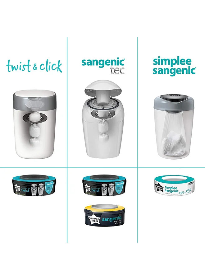 تومي تيبي Twist and Click Advanced Nappy Bin Starter Set, Eco-Friendlier System with 6x Refill Cassettes with Sustainably Sourced Antibacterial GREENFILM, White