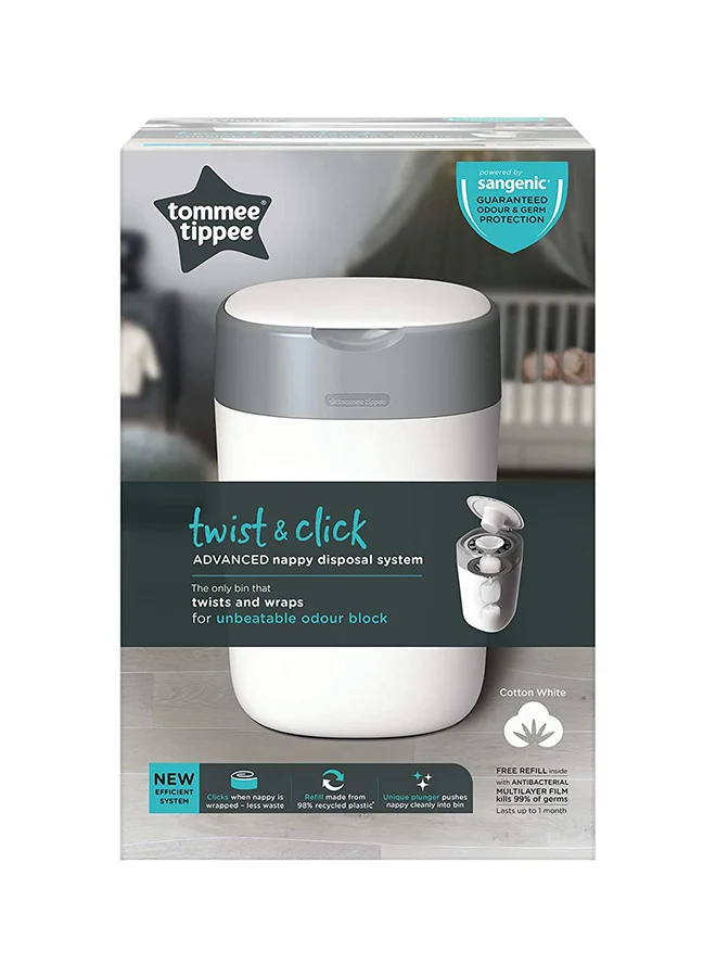 tommee tippee Twist and Click Advanced Nappy Bin, Eco-Friendlier System, Includes 1x Refill Cassette with Sustainably Sourced Antibacterial GREENFILM, White