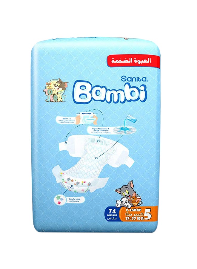 Sanita Bambi Baby Diapers, Size 5, 12 - 22 Kg, 74 Count - X Large, Mega Pack, Now Thinner And More Absorbent - Image 1