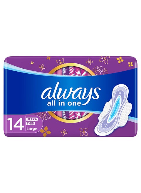 All In One Ultra Thin, Large Sanitary Pads With Wings, 14 Count