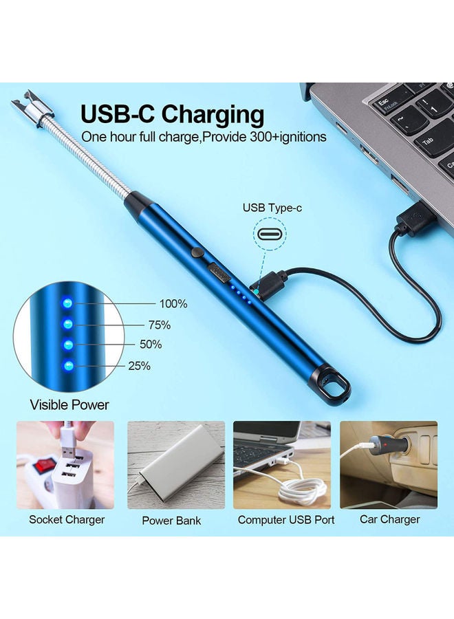 Rock Pow - 360 Degree Windproof Flameless Flexible Neck Long USB Type-C Rechargeable Electric Candle Arc Lighter With LED Battery Display Blue 26 x 1.5 x 1.5cm - Image 1