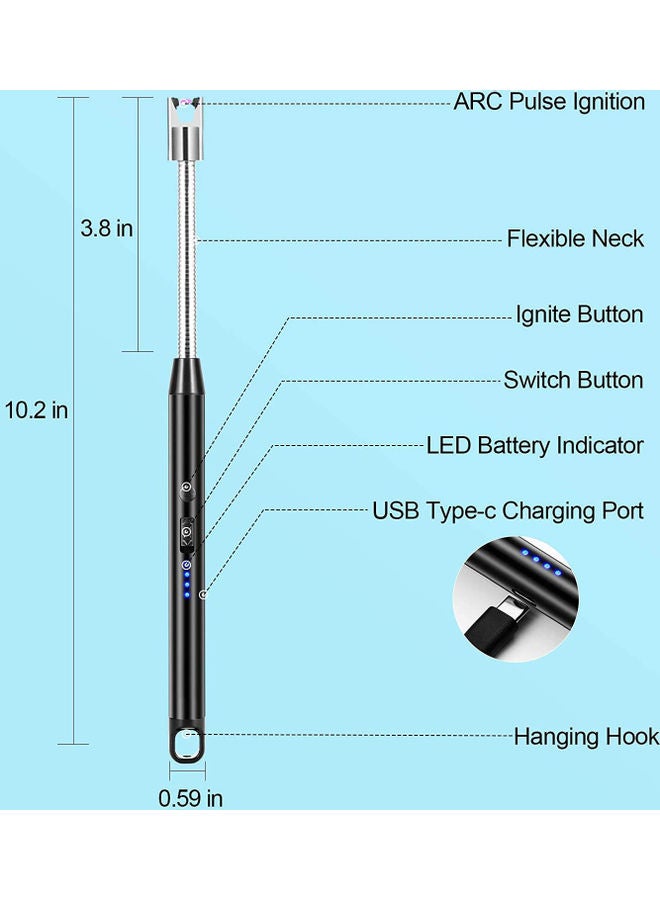 Rock Pow - 360 Degree Windproof Flameless Flexible Neck Long USB Type-C Rechargeable Electric Candle Arc Lighter With LED Battery Display Black 26 x 1.5 x 1.5cm - Image 1
