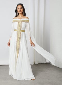 Off Shoulder Cape Sleeve Moroccan Kaftan White/Gold