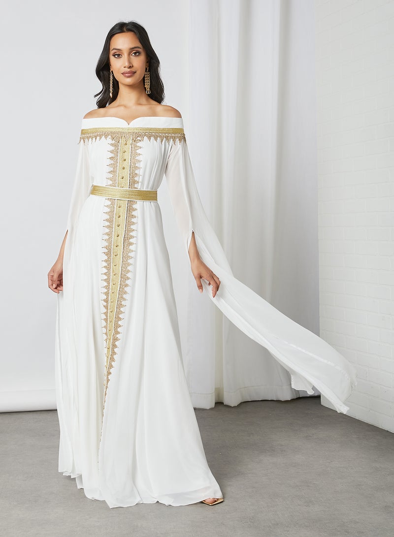 Hayat - Off Shoulder Cape Sleeve Moroccan Kaftan White/Gold - Image 1