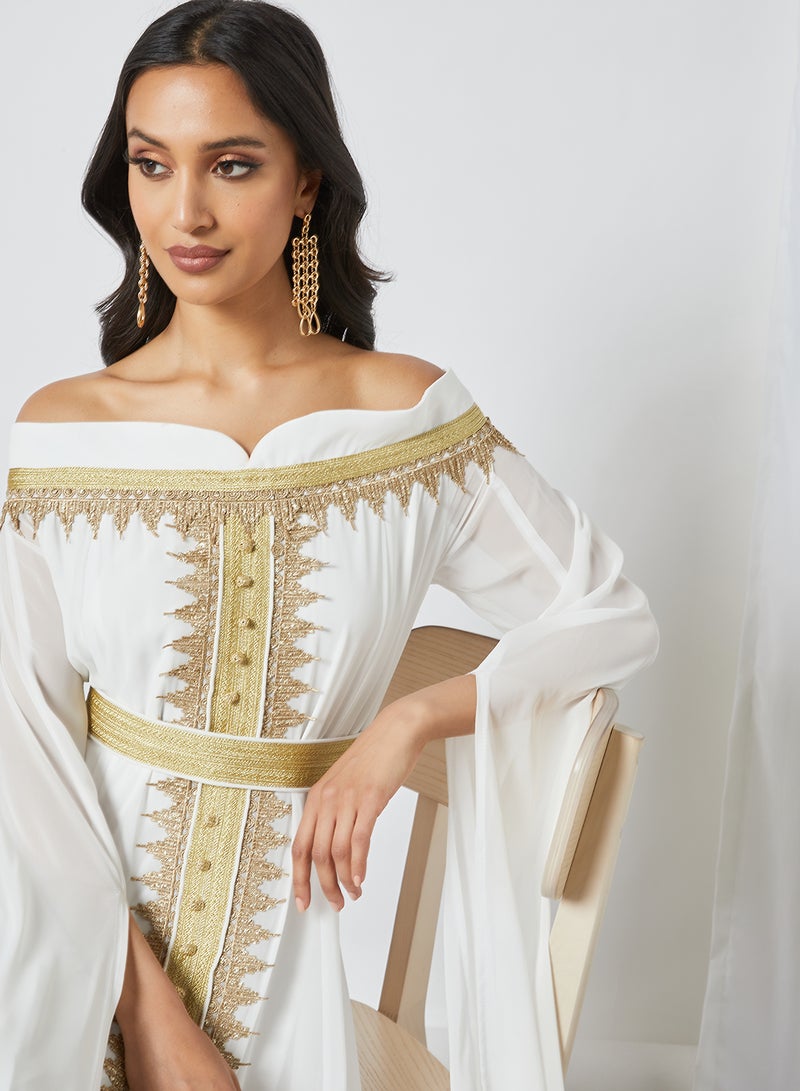Hayat - Off Shoulder Cape Sleeve Moroccan Kaftan White/Gold - Image 1