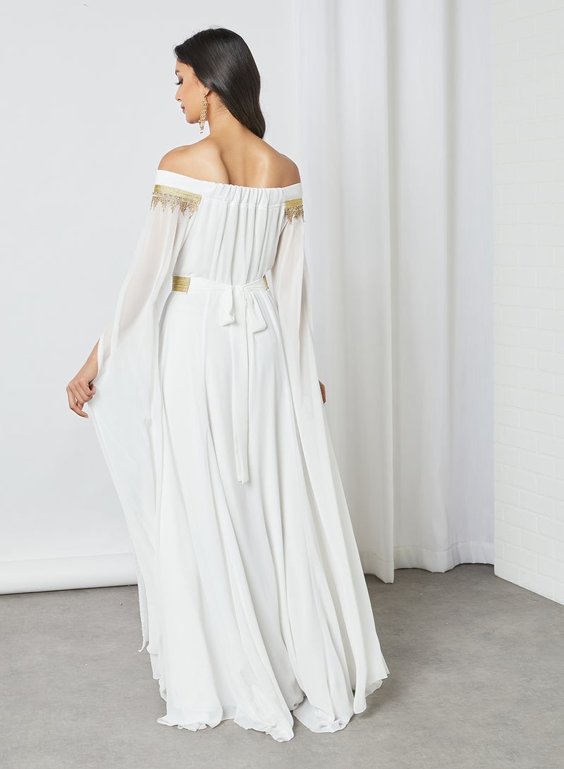 Hayat - Off Shoulder Cape Sleeve Moroccan Kaftan White/Gold - Image 1
