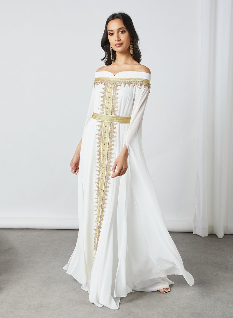 Hayat - Off Shoulder Cape Sleeve Moroccan Kaftan White/Gold - Image 1