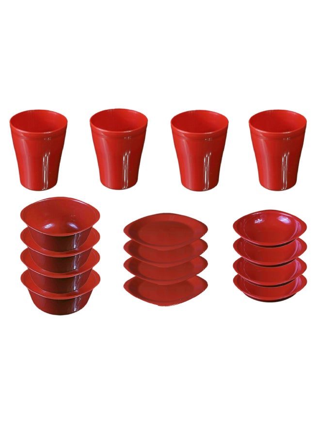 إيكو طقم عشاء من البلاستيك، من 16 قطعة أحمر (Flat Plat size 19.5 cm-Deep Plate Size 13 cm-Bowl Size 400 ml-Cup Size 300 ml)سم - Image 1