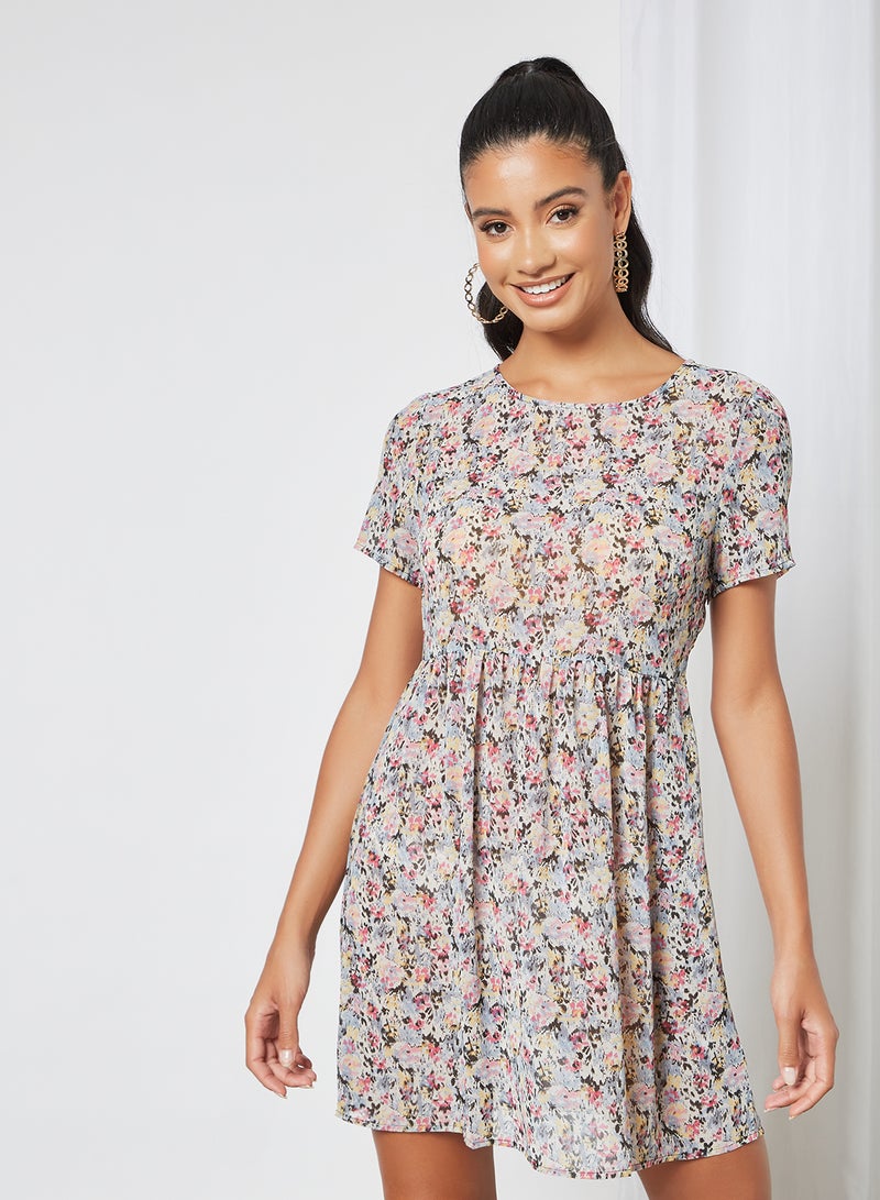 Aila Casual Short Sleeve Mini Dress With Round Neck Floral Printed Pattern Multicolour  - Image 1