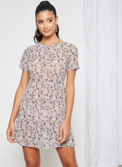 Casual Polyester Short Sleeve Mini Length Dress With Round Neck Floral Printed Pattern Multicolour