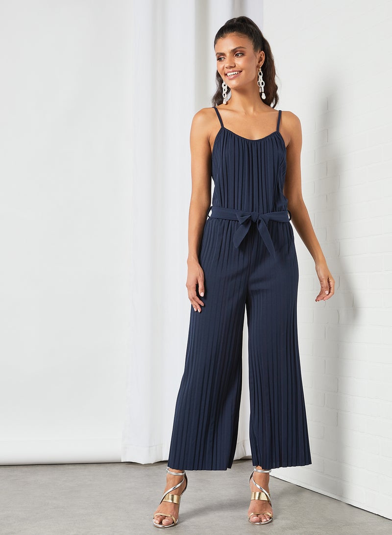 WaL G Italy - Aubrey Tie Waist Pleated Jumpsuit Navy Blue - Image 1