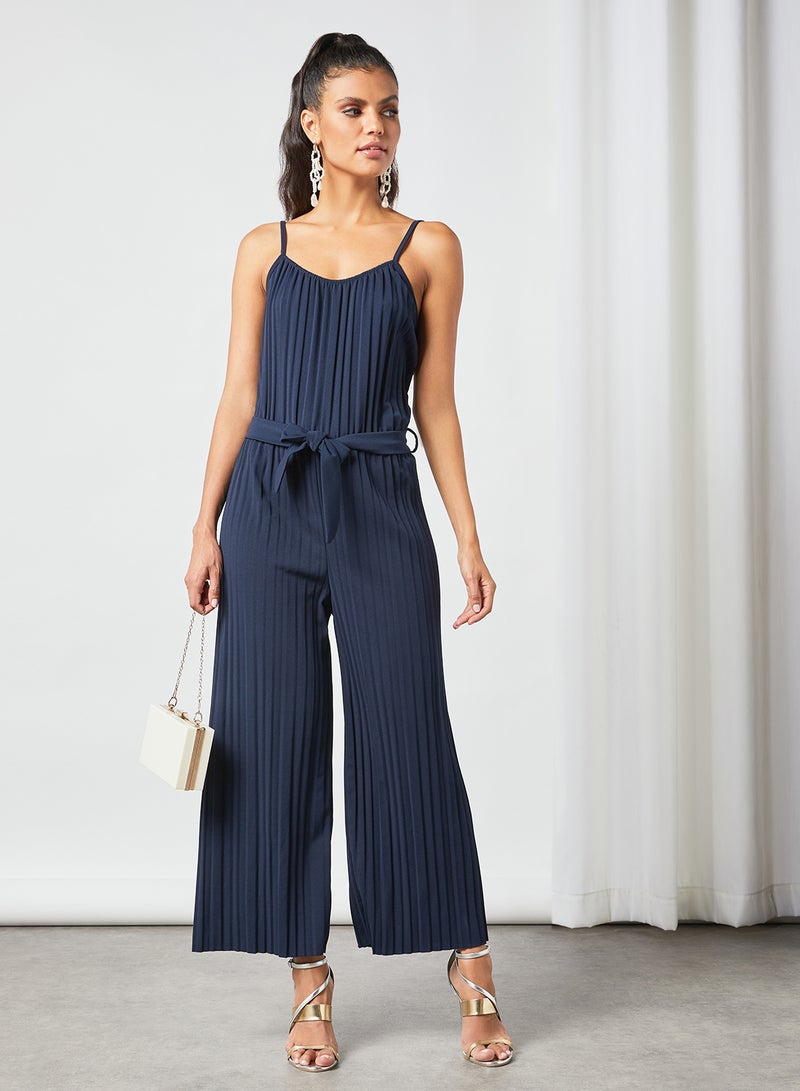 WaL G Italy - Aubrey Tie Waist Pleated Jumpsuit Navy Blue - Image 1