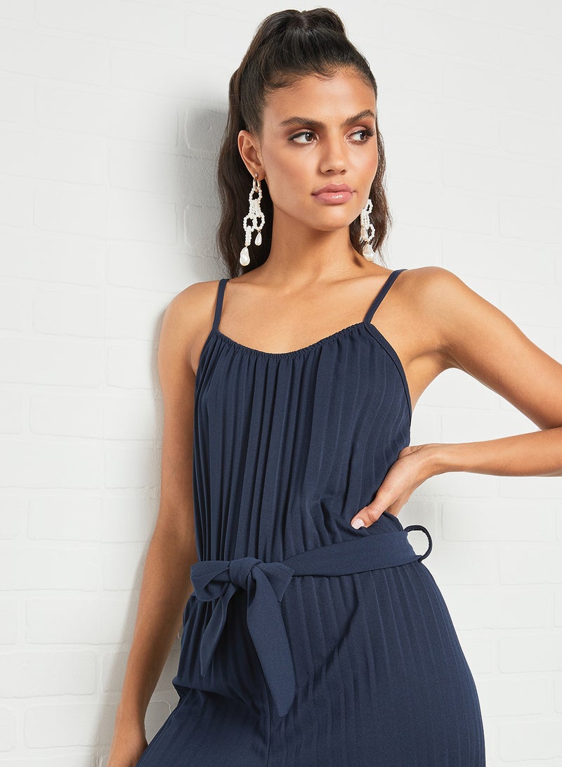 WaL G Italy - Aubrey Tie Waist Pleated Jumpsuit Navy Blue - Image 1