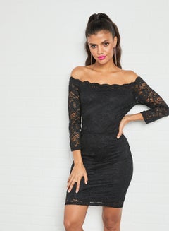 Off Shoulder Lace Detail Mini Dress Black