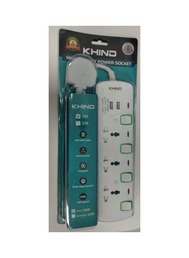 KHIND - Universal Extension/Trailing Socket 3Way 3M With 2 USB Slot Fire Retardant Body Neon Indicator Molded 13A Plug 250V AC White/Green - Image 1
