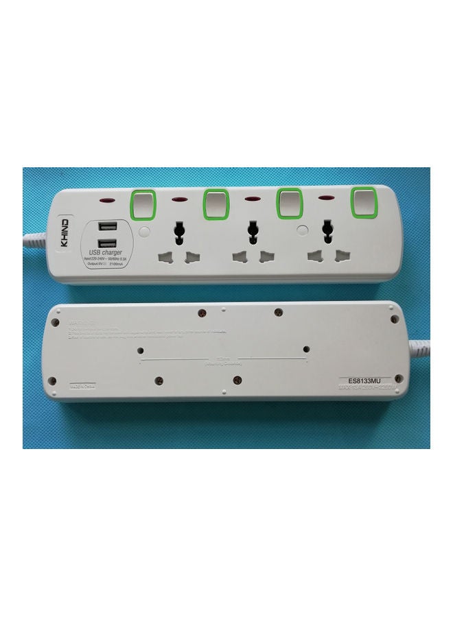 KHIND - Universal Extension/Trailing Socket 3Way 3M With 2 USB Slot Fire Retardant Body Neon Indicator Molded 13A Plug 250V AC White/Green - Image 1