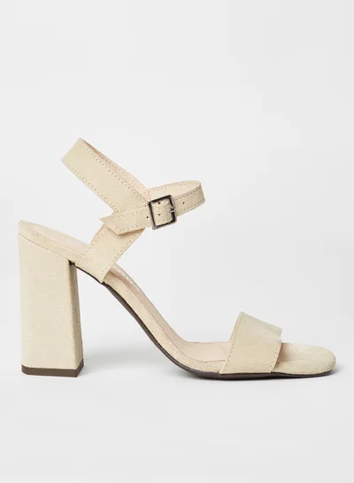 VERO MODA Leather Block Heel Sandals Beige
