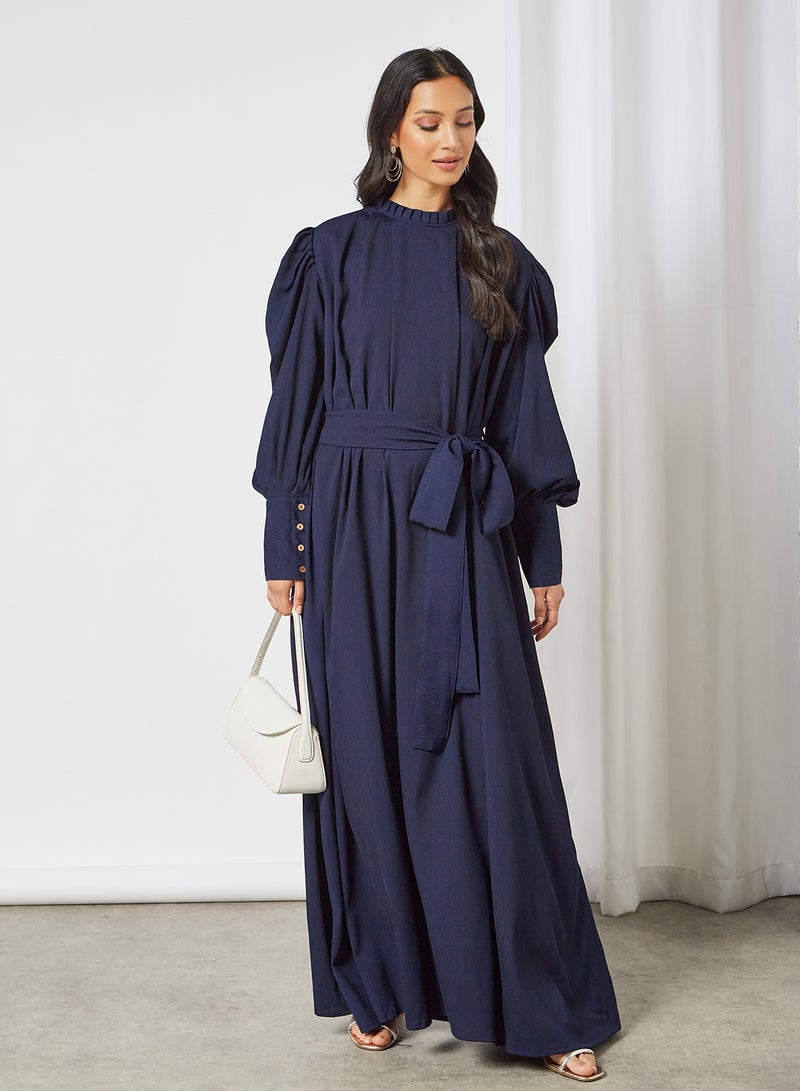 HANA & SARA - Classic High Neck Tie Waist Jalabiya Blue - Image 1