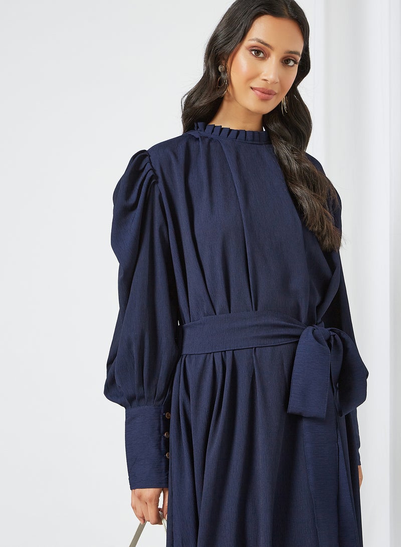 HANA & SARA - Classic High Neck Tie Waist Jalabiya Blue - Image 1