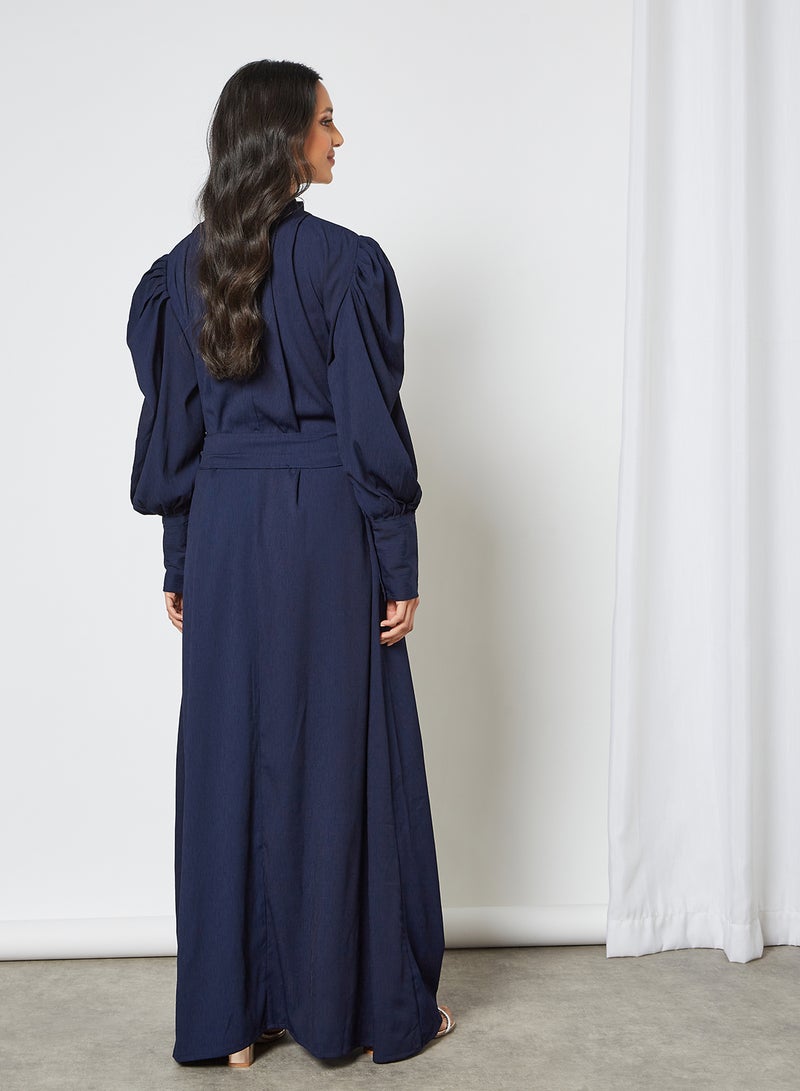 HANA & SARA - Classic High Neck Tie Waist Jalabiya Blue - Image 1