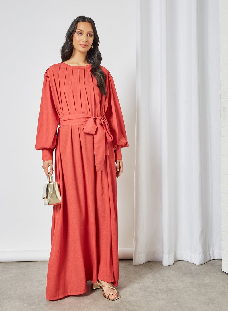 HANA & SARA - Classic Round Neck Tie Waist Jalabiya Maroon - Image 1
