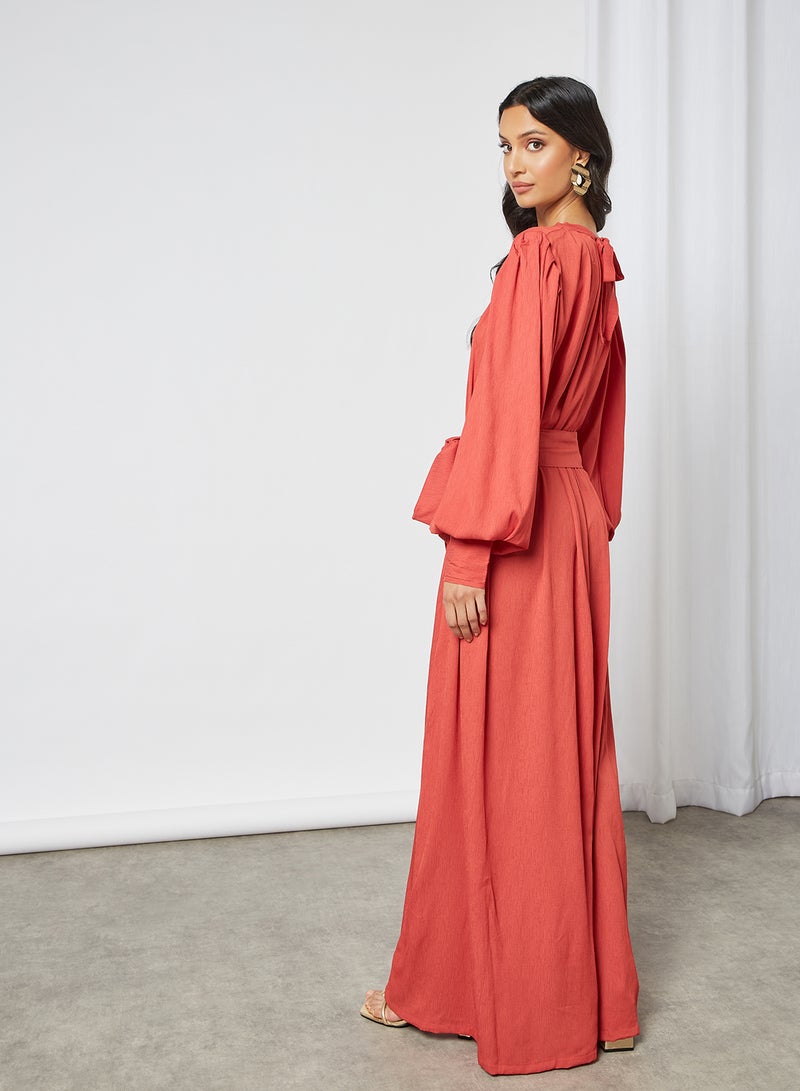 HANA & SARA - Classic Round Neck Tie Waist Jalabiya Maroon - Image 1