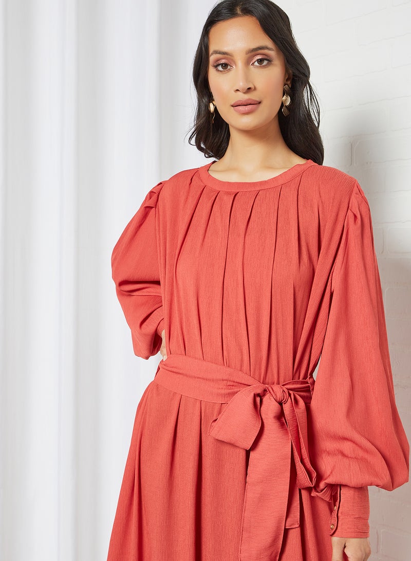HANA & SARA - Classic Round Neck Tie Waist Jalabiya Maroon - Image 1