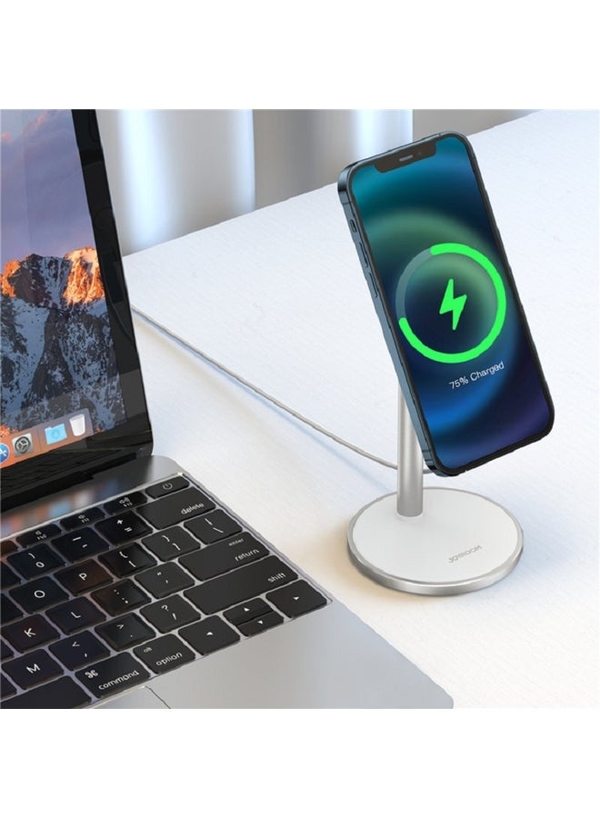 JOYROOM - Magnetic Mobile Phone Holder And Adjustable Magsafe Stand, Weighted Base with Extension Dock Stand for MagSafe Charger Foldable Desktop Phone Holder Compatible iPhone Silver - Image 1