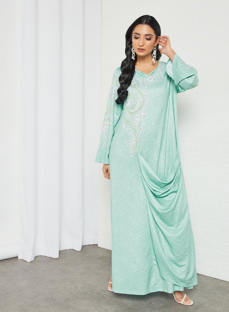 SIVVI for HANIYA Printed Draped Jalabiya Green  - Image 1