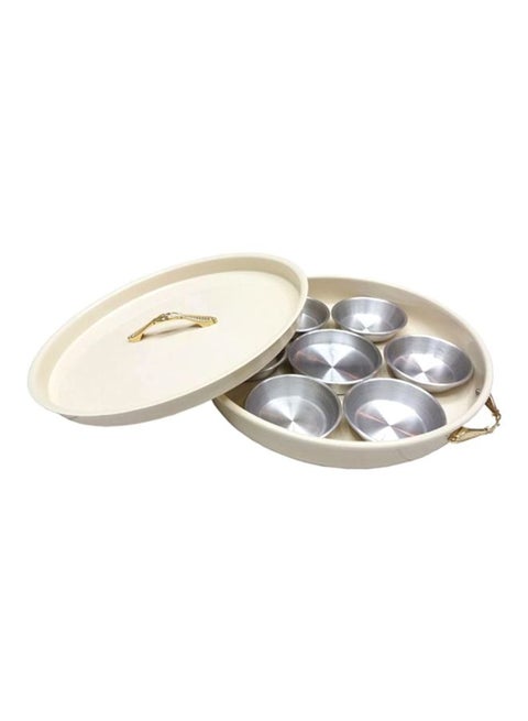 7-Piece Serving Tray With Dip Lid Beige/Silver 38centimeter