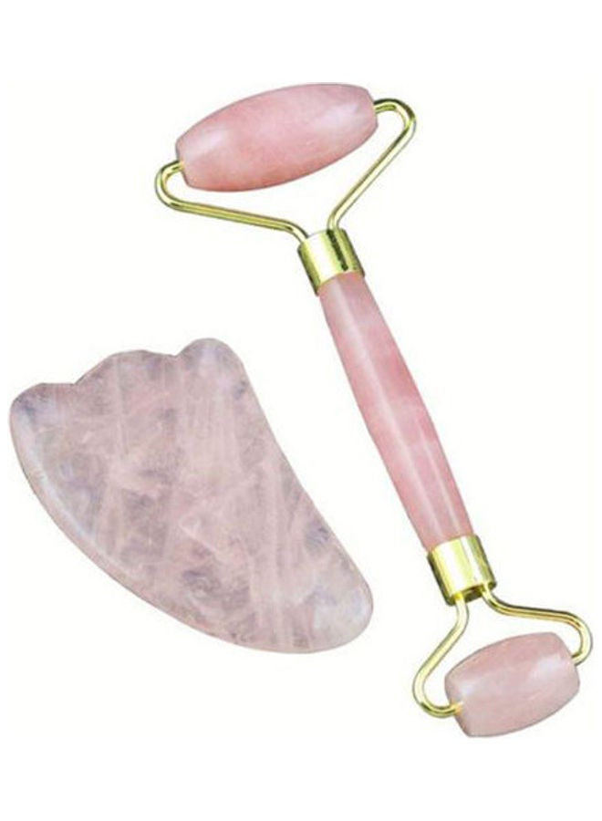 مجموعة أداة تدليك الوجه برأس كروي بحجر اليشم لمكافحة علامات التقدم في السن من قطعتين وردي/ذهبي