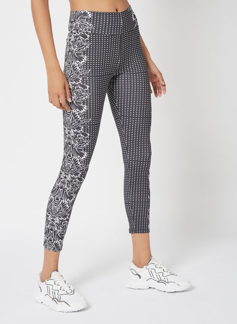 Women's High Rise Sports Training Workout Stretch Leggings With Elastic Waist And Checked Print Pattern Black/White
