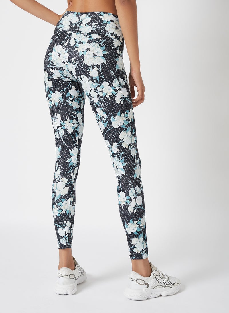 Athletiq Women's High Rise Sports Training Workout Stretch Leggings With Elastic Waist And All Over Print Floral/White/Black  - Image 2