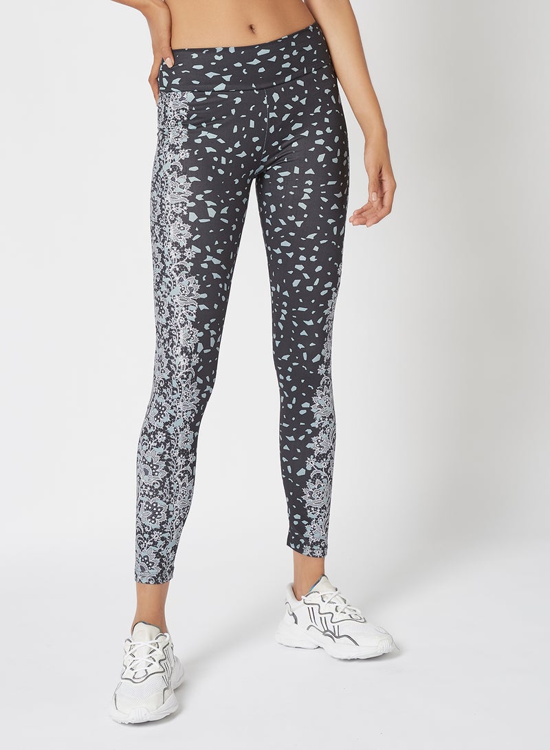 Athletiq - Women's Mid Rise Sports Training Workout Stretch Leggings with Elastic Waist And All Over Print Black/White/Dot - Image 1
