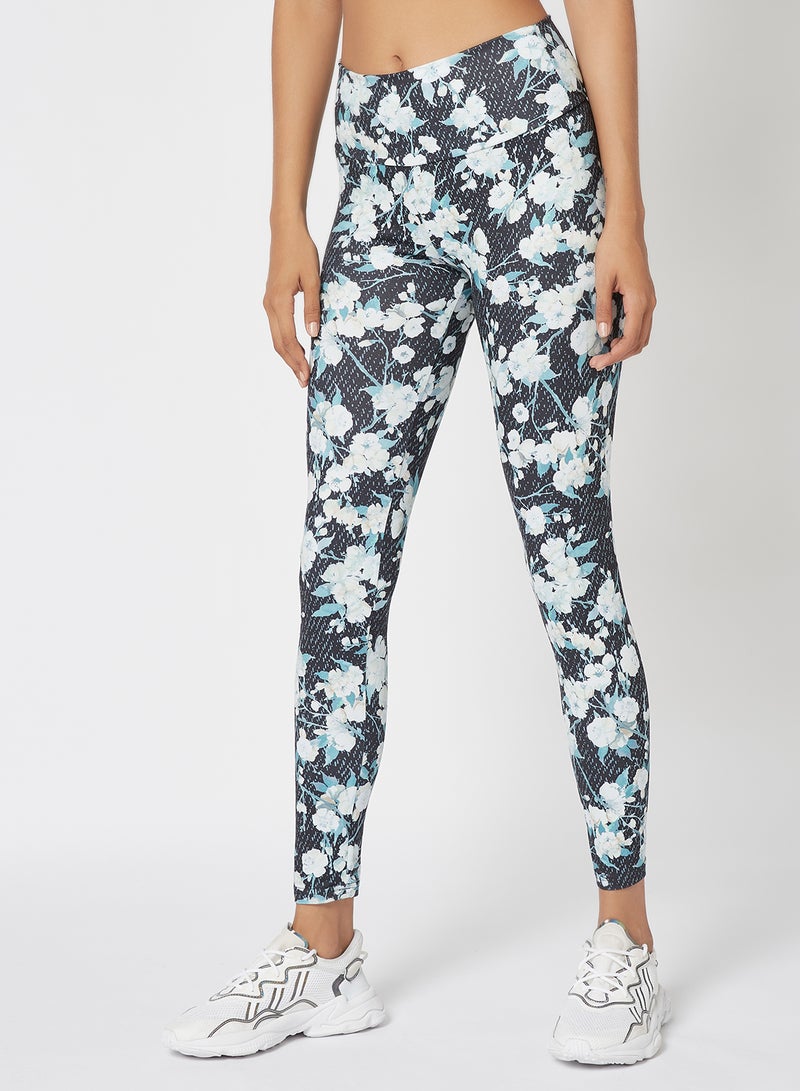Athletiq Women's High Rise Sports Training Workout Stretch Leggings With Elastic Waist And All Over Print Floral/White/Black  - Image 1