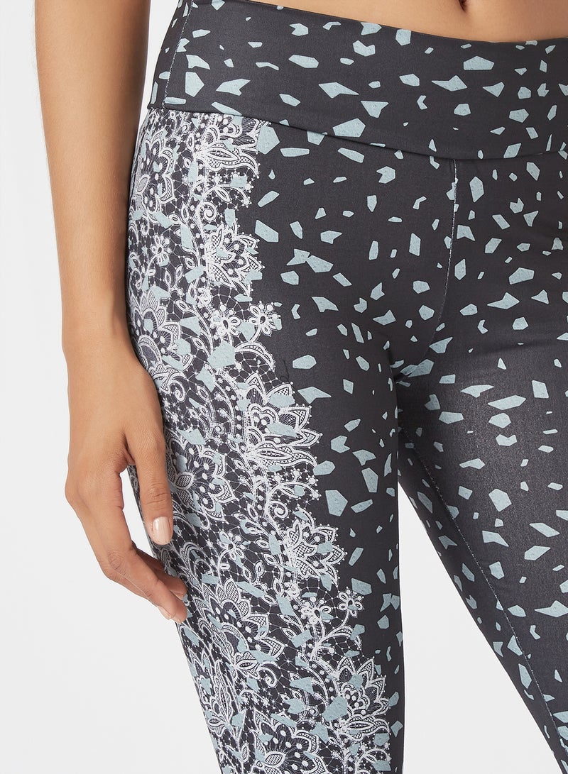 Athletiq - Women's Mid Rise Sports Training Workout Stretch Leggings with Elastic Waist And All Over Print Black/White/Dot - Image 1