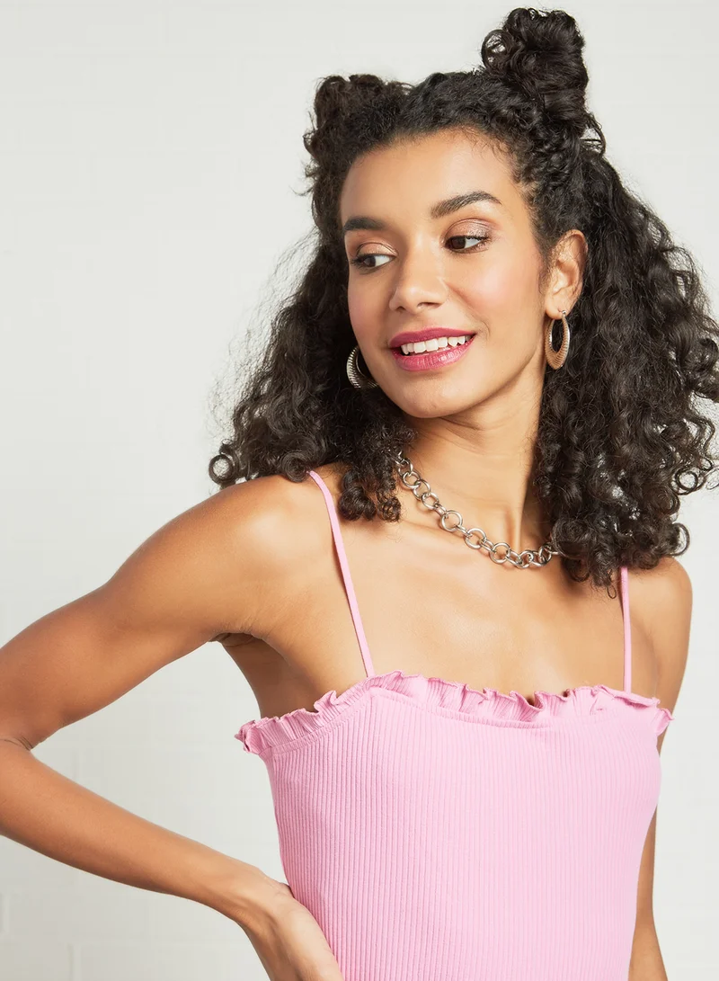 PIECES Frill Detail Mini Dress Pink