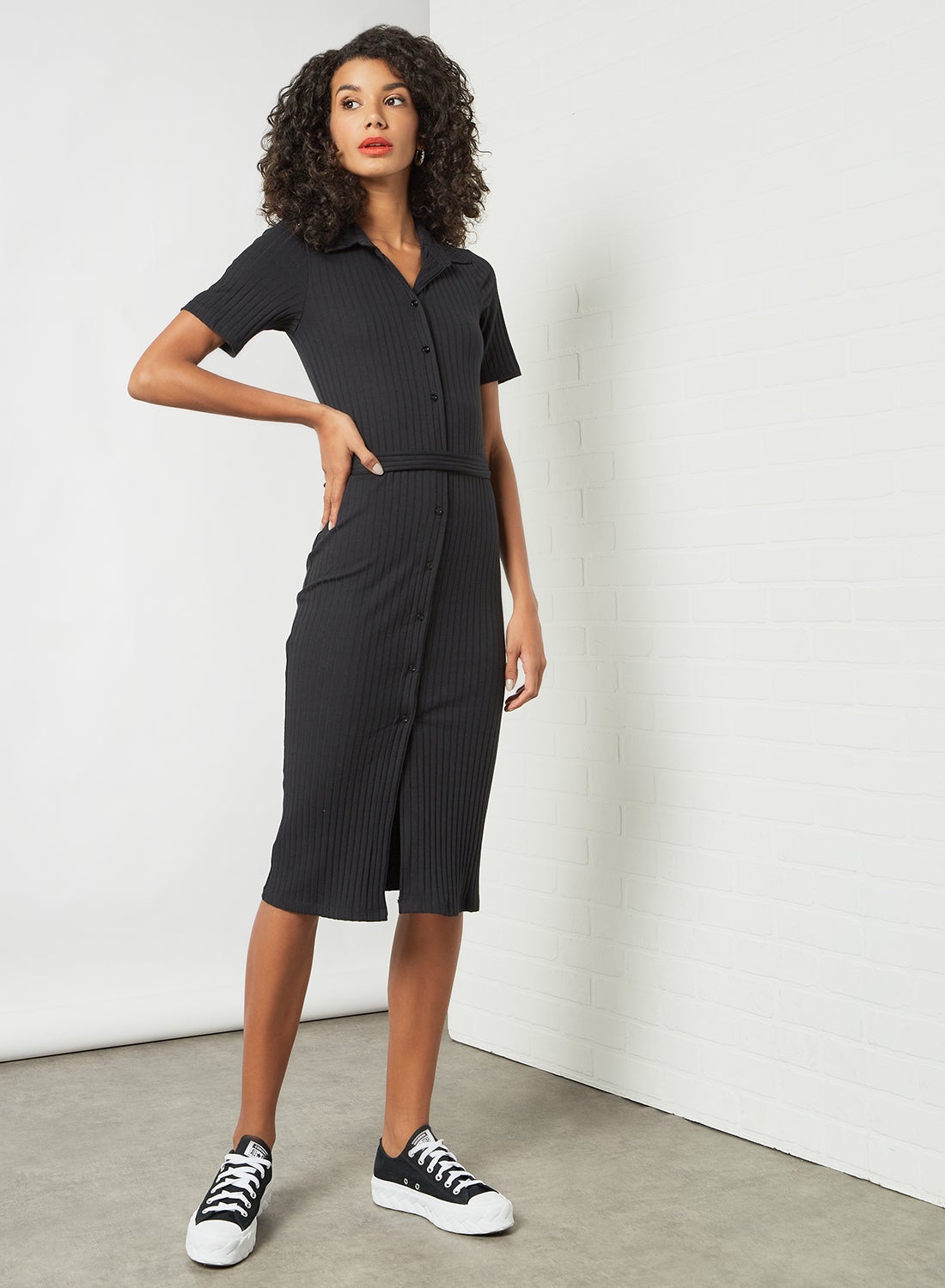 Blaine Button Down Midi Dress - Black