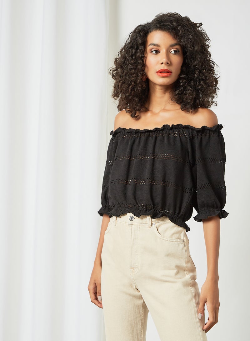 PIECES Broderie Crop Top Black  - Image 1