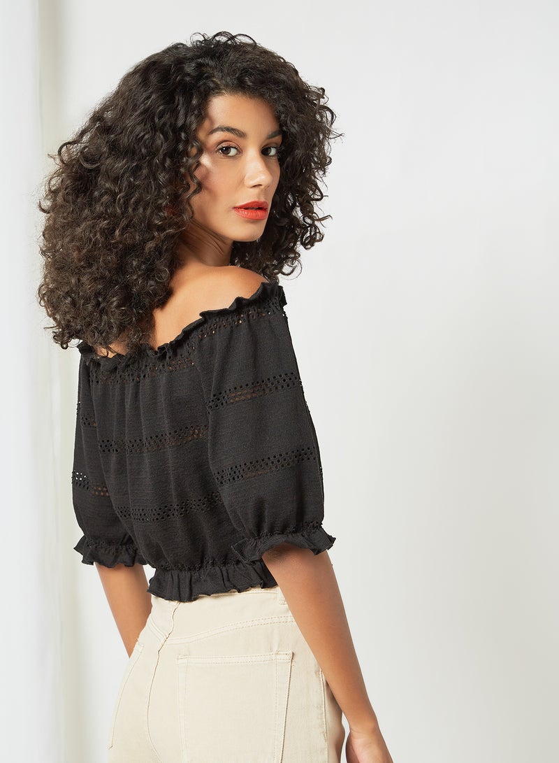 PIECES Broderie Crop Top Black  - Image 2