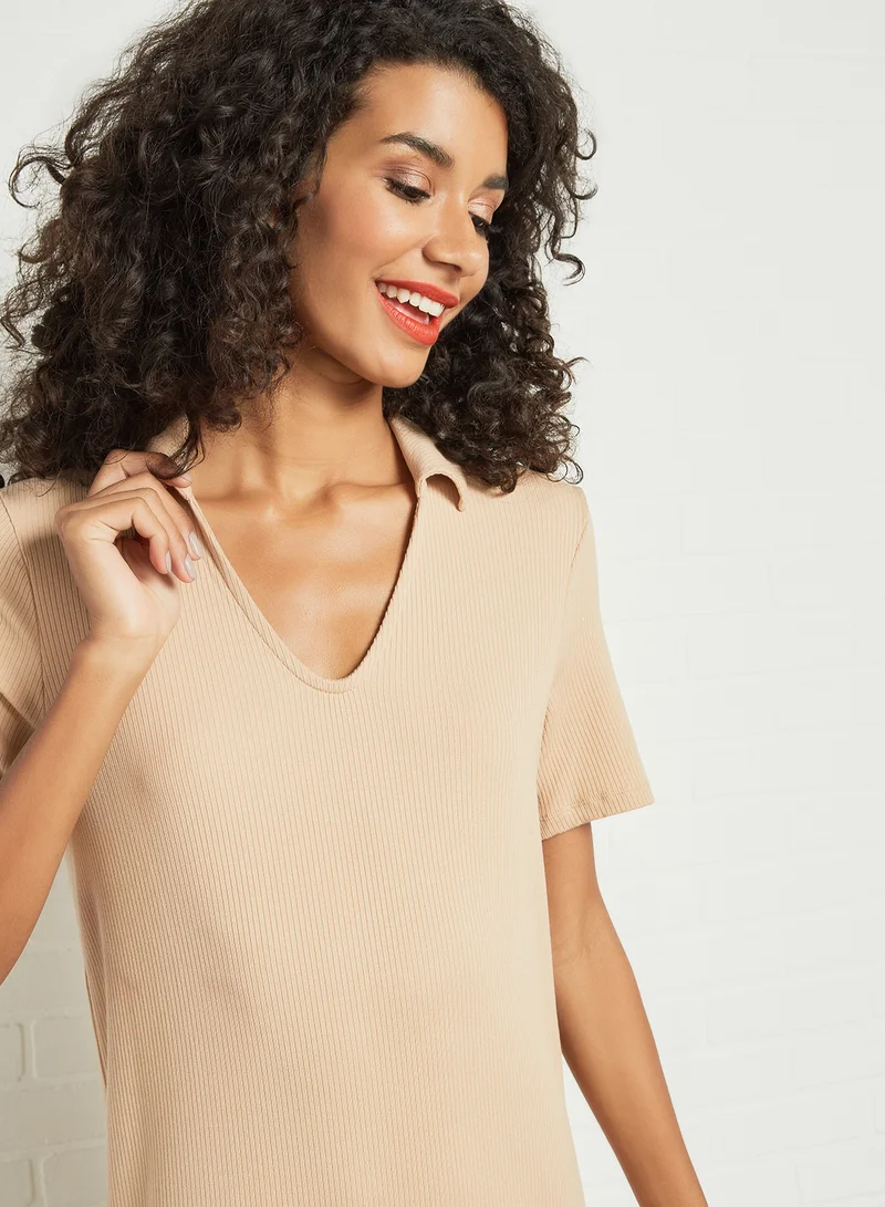 PIECES Ribbed Midi Dress Beige