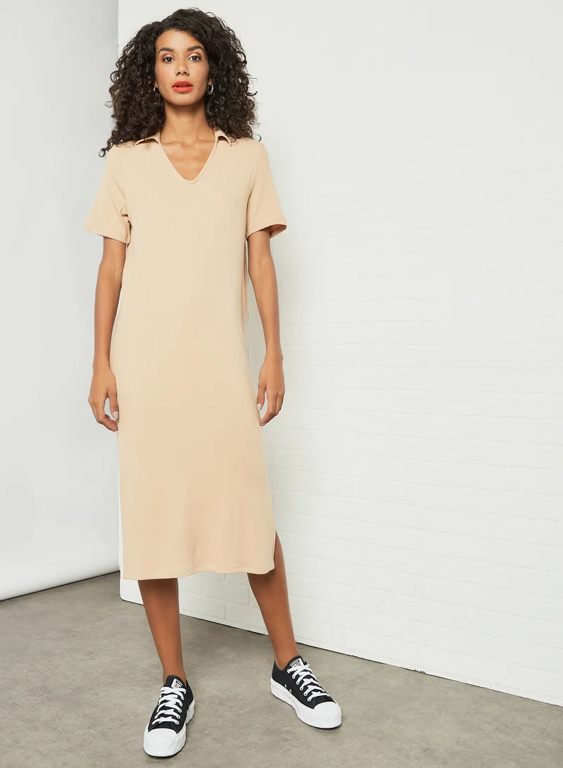 PIECES Ribbed Midi Dress Beige