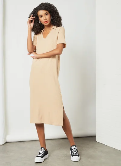 PIECES Ribbed Midi Dress Beige