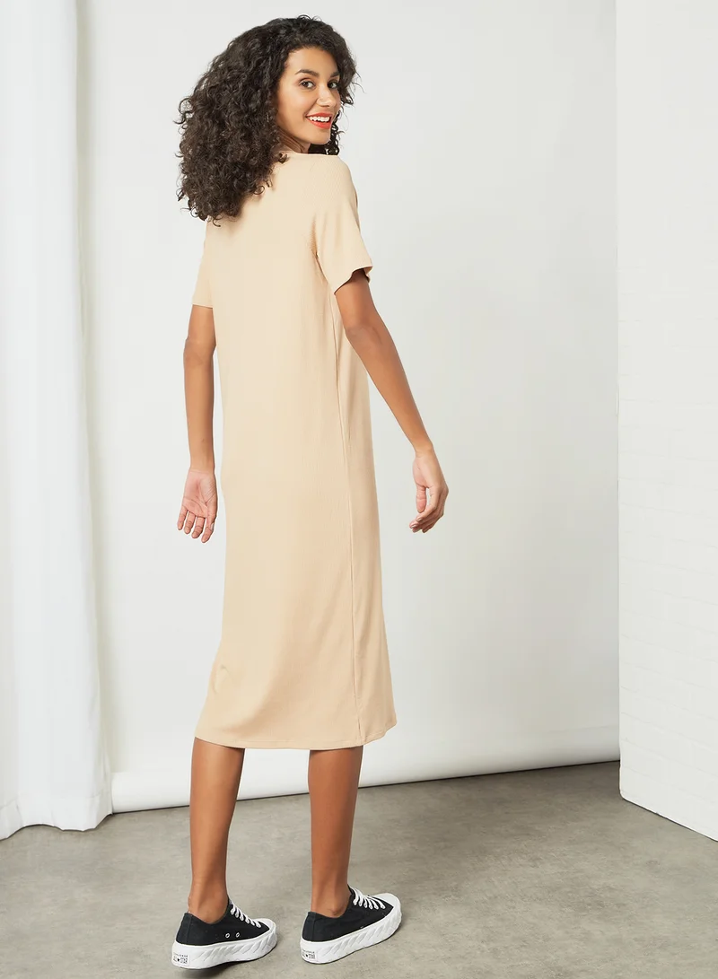 PIECES Ribbed Midi Dress Beige