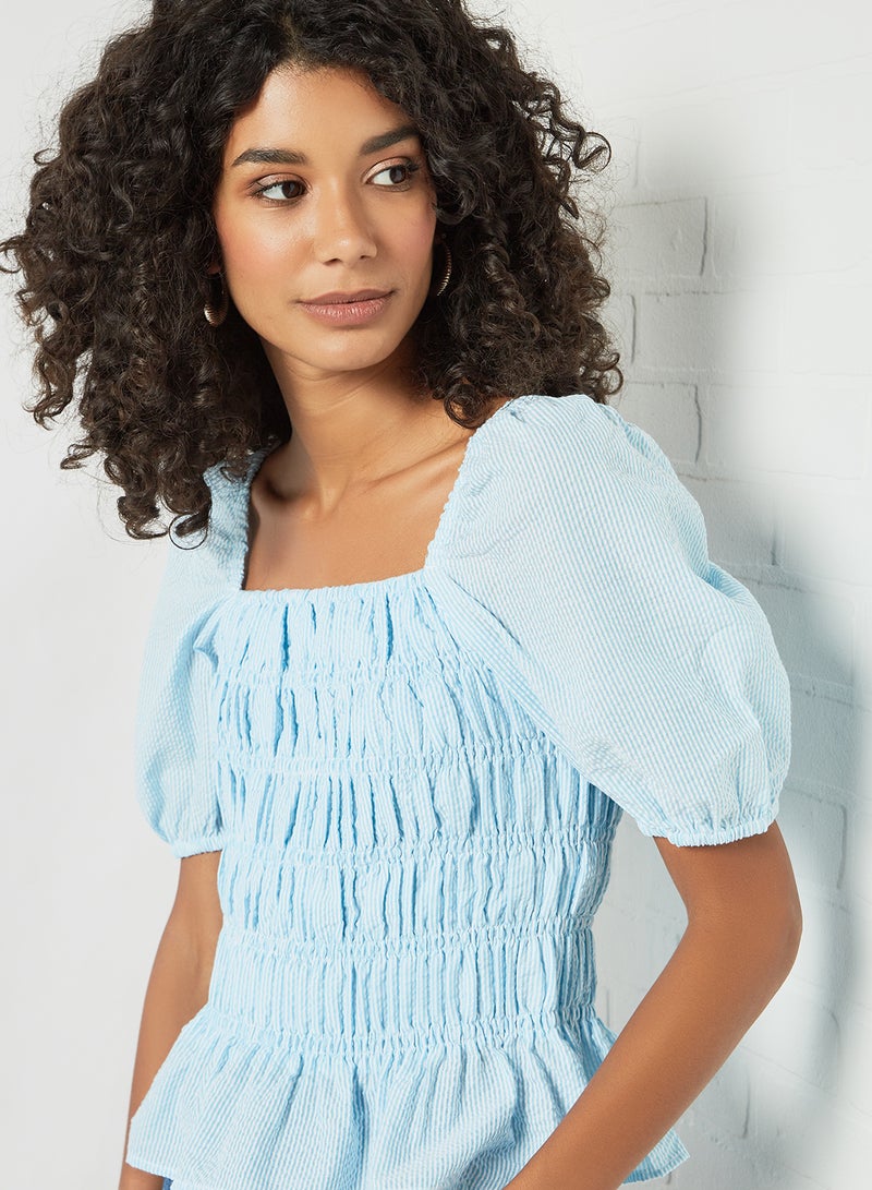 PIECES - Pinstripe Shirred Top Blue - Image 1