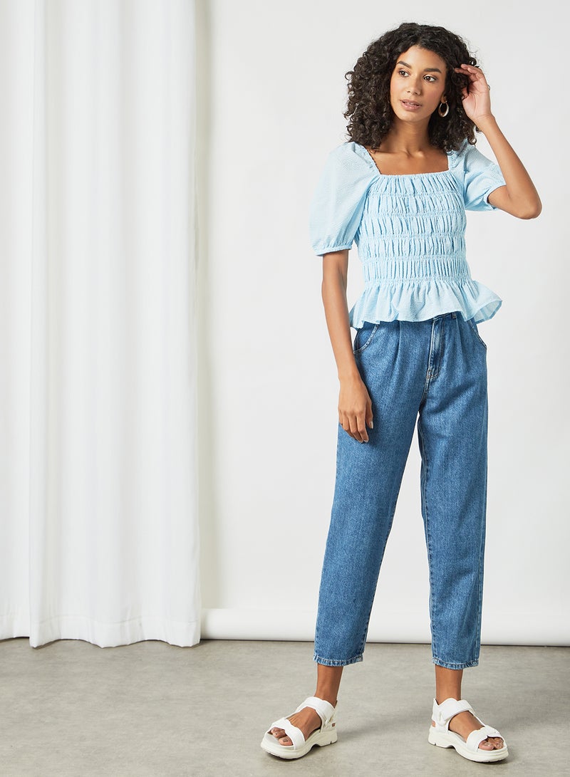 PIECES - Pinstripe Shirred Top Blue - Image 1